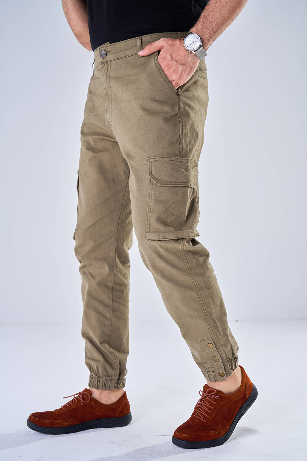 Gabardine Cargo Style Trousers (Olive Green)